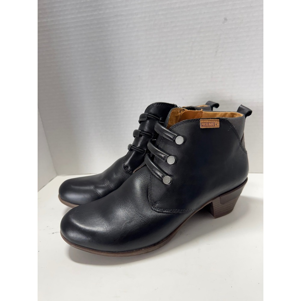 Pikolinos Black Leather Ankle Boots Side Zip Block Heel Booties Size 39 8.5